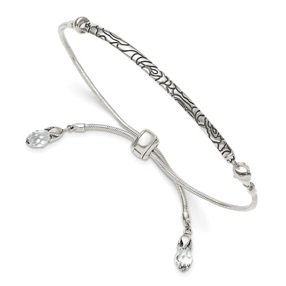 9 Inch Sterling Silver Antiqued Reflections Clear Crystal Adjustable Bracelet