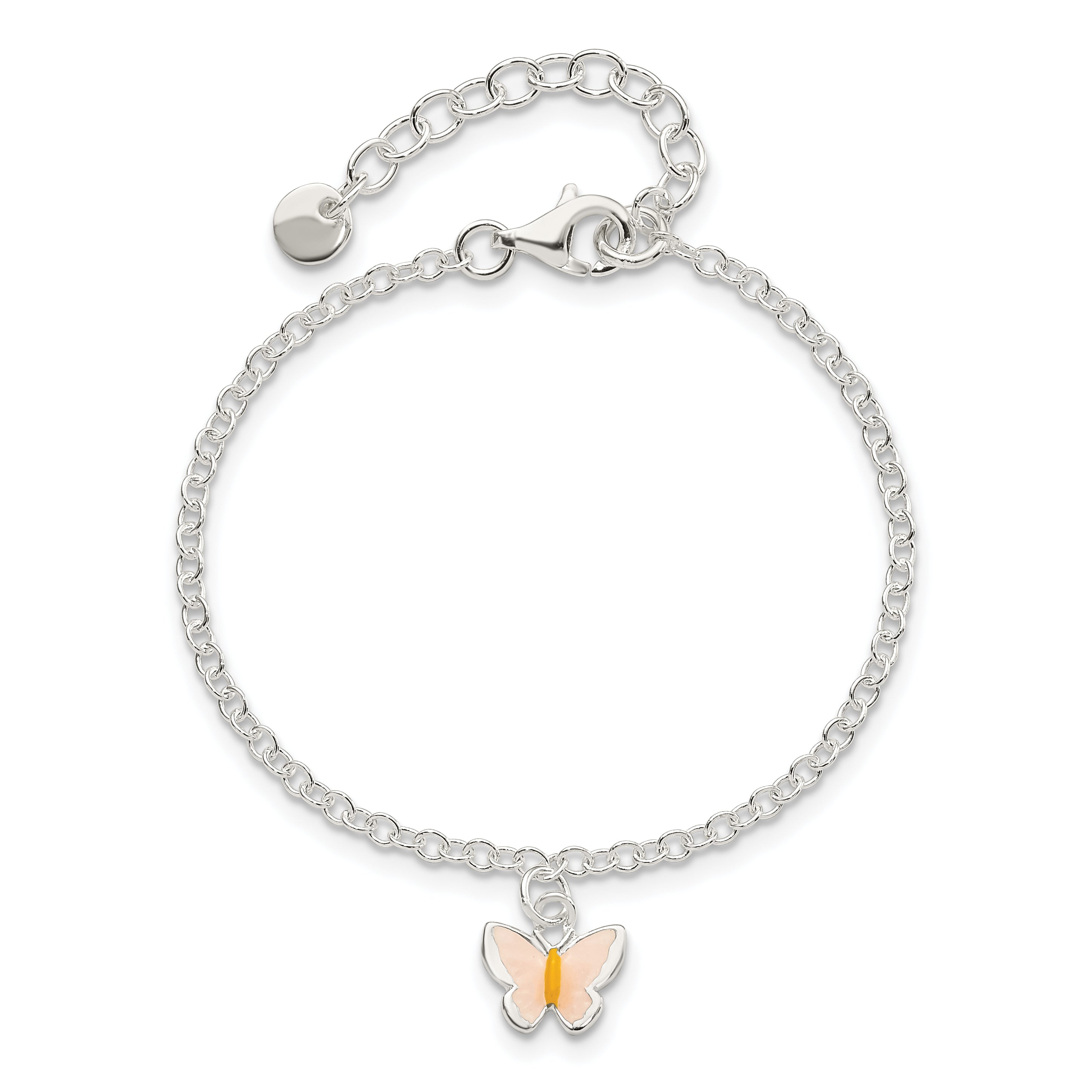 7 Inch Sterling Silver Polished Enamel Butterfly W/ 1.5In Ext. Childrens Bracelet