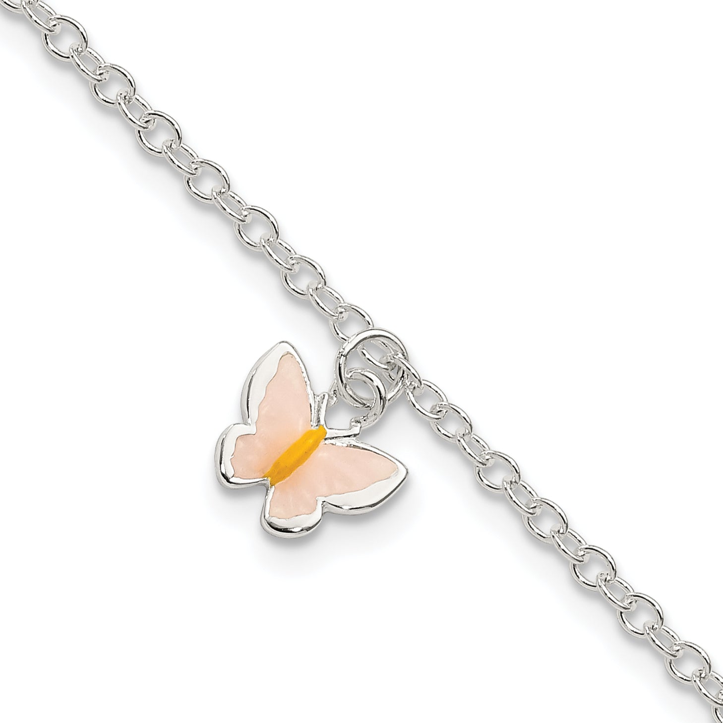 7 Inch Sterling Silver Polished Enamel Butterfly W/ 1.5In Ext. Childrens Bracelet