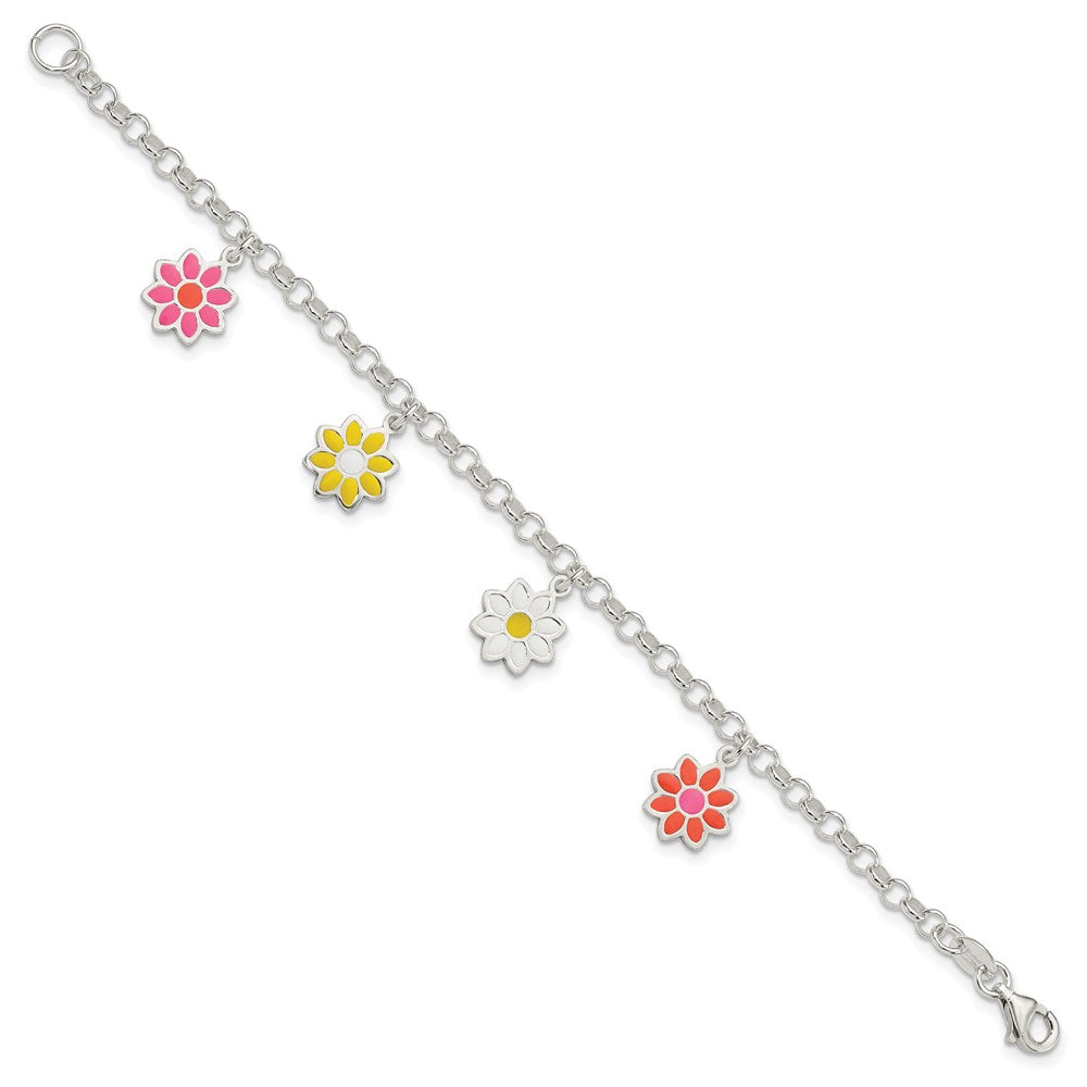 6 Inch Sterling Silver Polished Multi-Color Enamel Flowers Children'S Bracelet