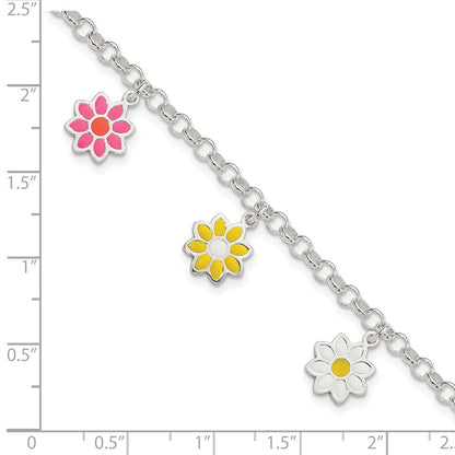 6 Inch Sterling Silver Polished Multi-Color Enamel Flowers Children'S Bracelet