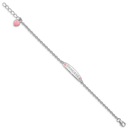 7 Inch Sterling Silver Rhodium-Plated Polished & Pink Enameled Princess With 1 Extension Children'S Bracelet