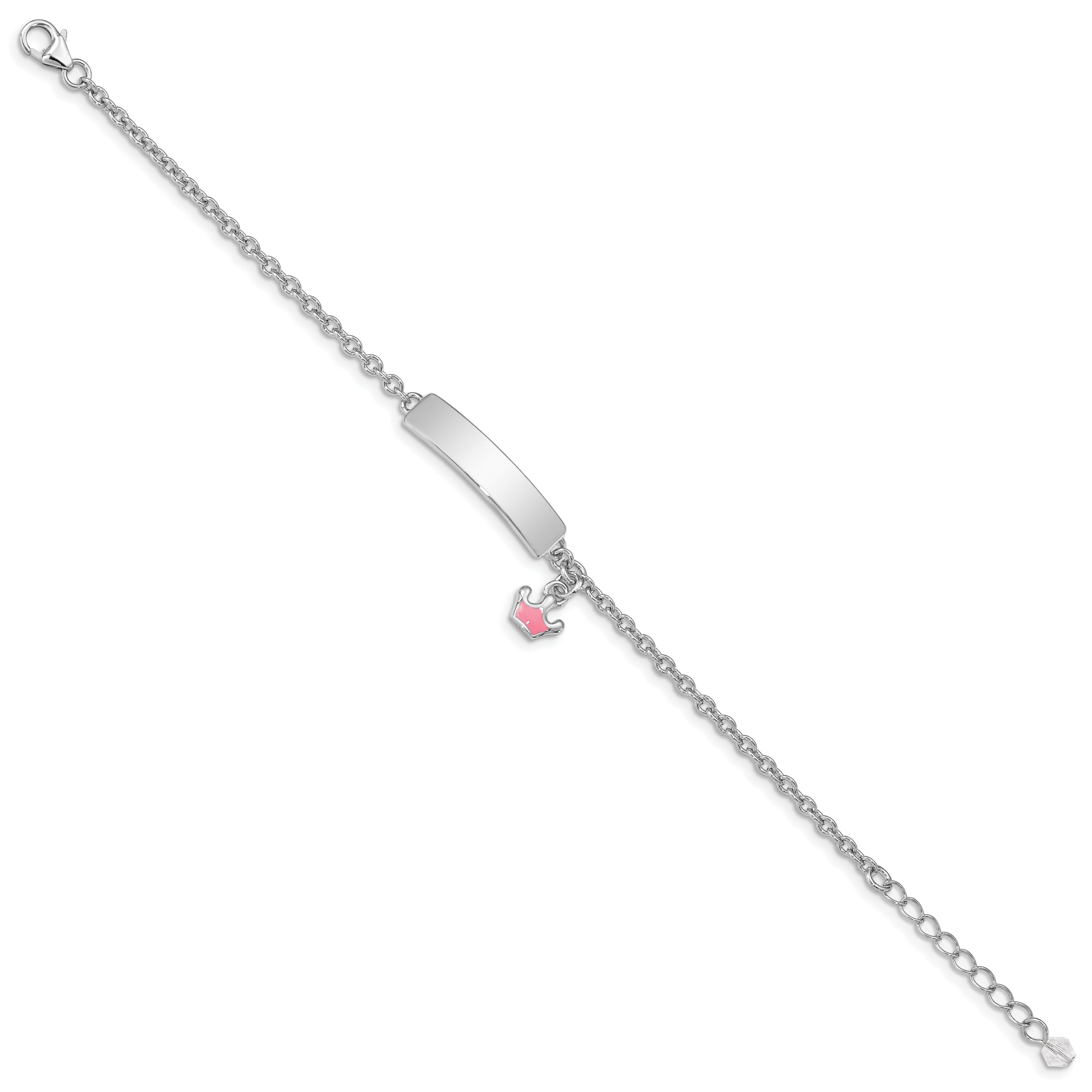 7 Inch Sterling Silver Rhodium-Plated Polished & Pink Enameled Crown With 1 Extension Children'S Id Bracelet