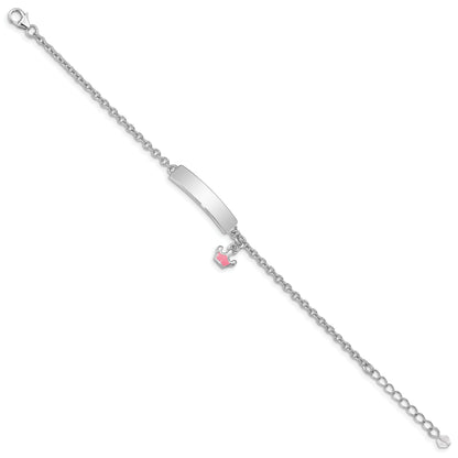 7 Inch Sterling Silver Rhodium-Plated Polished & Pink Enameled Crown With 1 Extension Children'S Id Bracelet