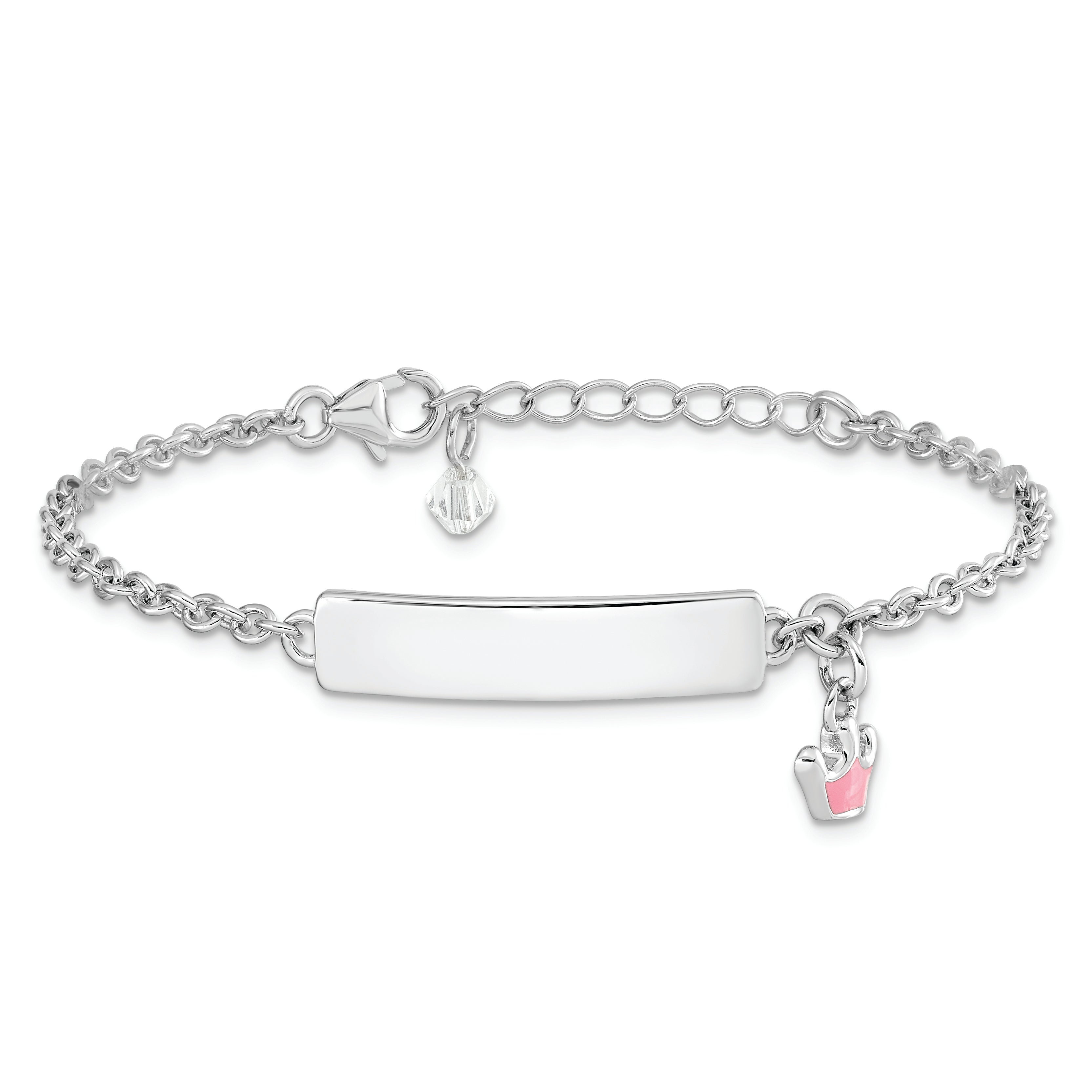 7 Inch Sterling Silver Rhodium-Plated Polished & Pink Enameled Crown With 1 Extension Children'S Id Bracelet