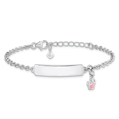 7 Inch Sterling Silver Rhodium-Plated Polished & Pink Enameled Crown With 1 Extension Children'S Id Bracelet