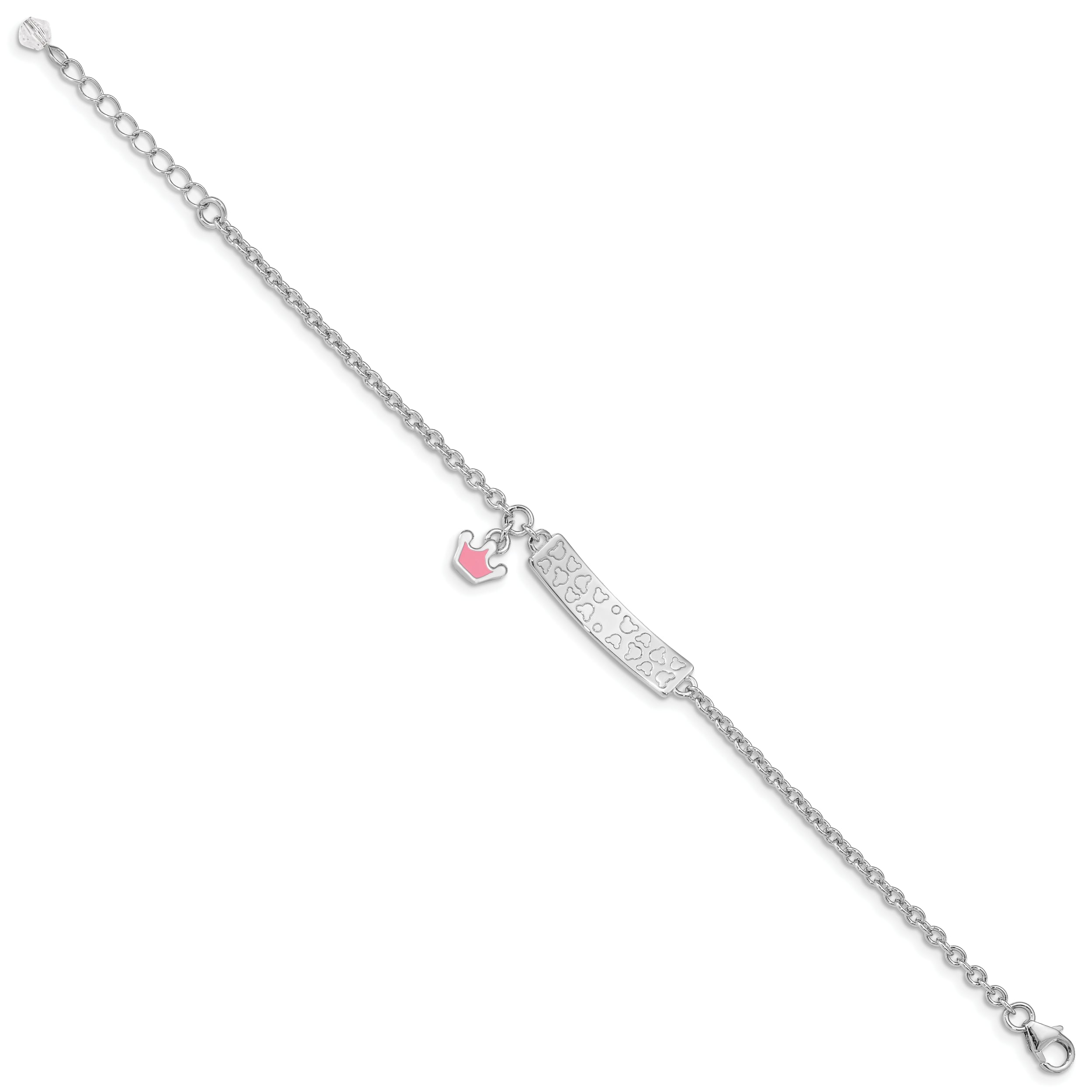 7 Inch Sterling Silver Rhodium-Plated Polished & Pink Enameled Crown With 1 Extension Children'S Id Bracelet