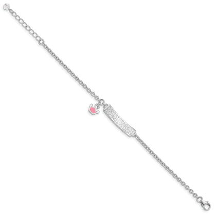 7 Inch Sterling Silver Rhodium-Plated Polished & Pink Enameled Crown With 1 Extension Children'S Id Bracelet