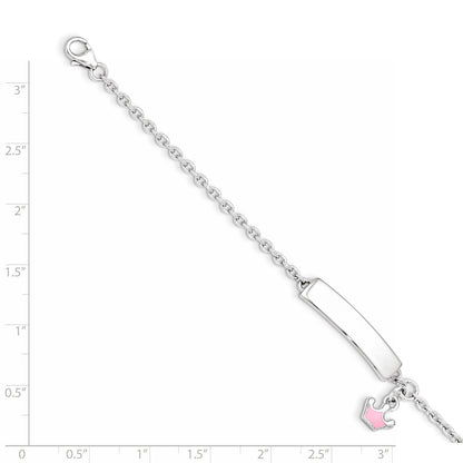 7 Inch Sterling Silver Rhodium-Plated Polished & Pink Enameled Crown With 1 Extension Children'S Id Bracelet