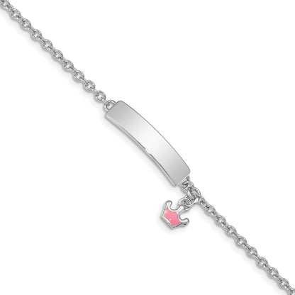 7 Inch Sterling Silver Rhodium-Plated Polished & Pink Enameled Crown With 1 Extension Children'S Id Bracelet
