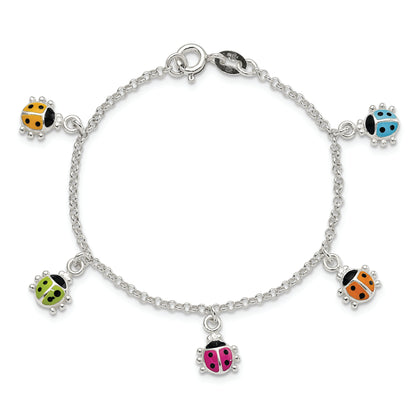 6 Inch Sterling Silver Polished Multi-Color Enameled Ladybugs Children'S Bracelet