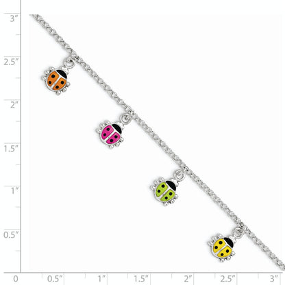 6 Inch Sterling Silver Polished Multi-Color Enameled Ladybugs Children'S Bracelet