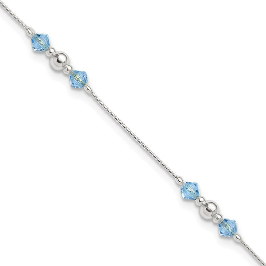 Sterling Silver Polished Bead And Cz 9In Plus 1In. Ext. Anklet