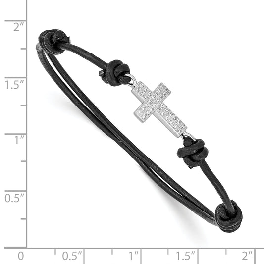 Sterling Silver Rhodium-Plated Cz Cross Black Leather Adjustable Bracelet