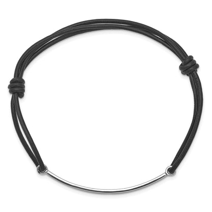 Sterling Silver Rhodium-Plated Id Plate W/Black Leather Adjustable Bracelet