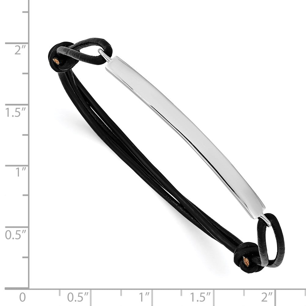 Sterling Silver Rhodium-Plated Id Plate W/Black Leather Adjustable Bracelet