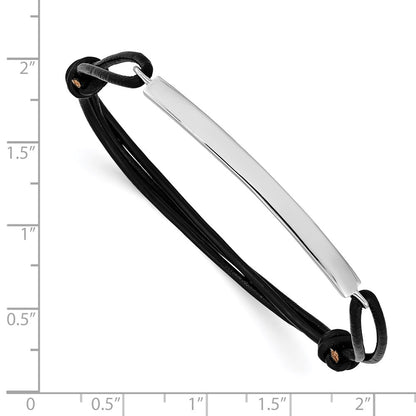 Sterling Silver Rhodium-Plated Id Plate W/Black Leather Adjustable Bracelet