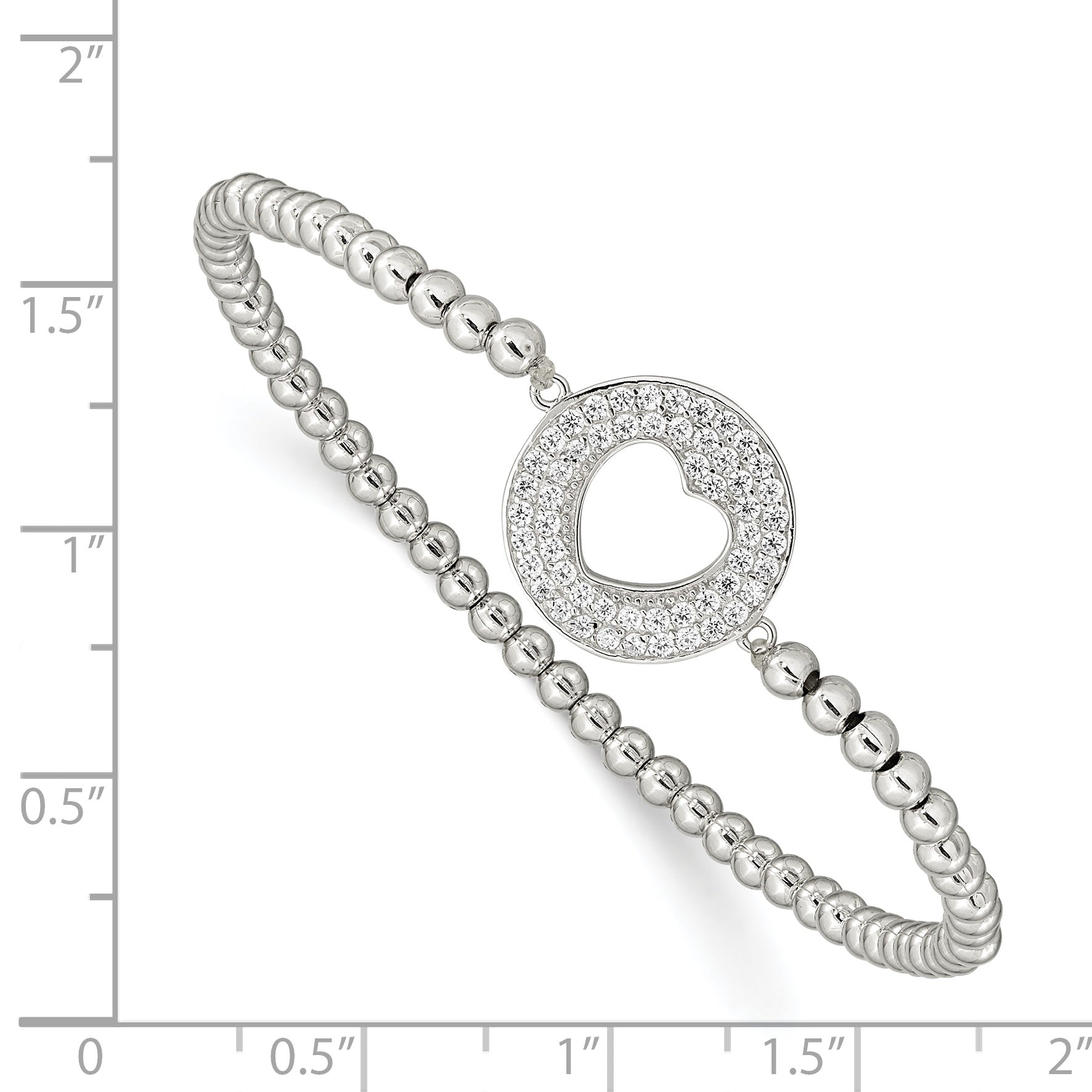 Sterling Silver Rhodium-Plated Polished Beaded Cz Heart Punched Circle Stretch Bracelet