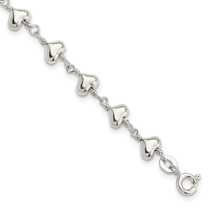 7.25 Inch Sterling Silver Polished Heart Link Bracelet