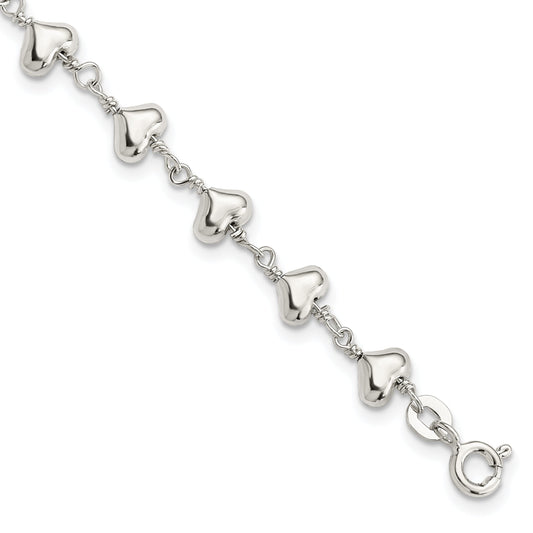 7.25 Inch Sterling Silver Polished Heart Link Bracelet