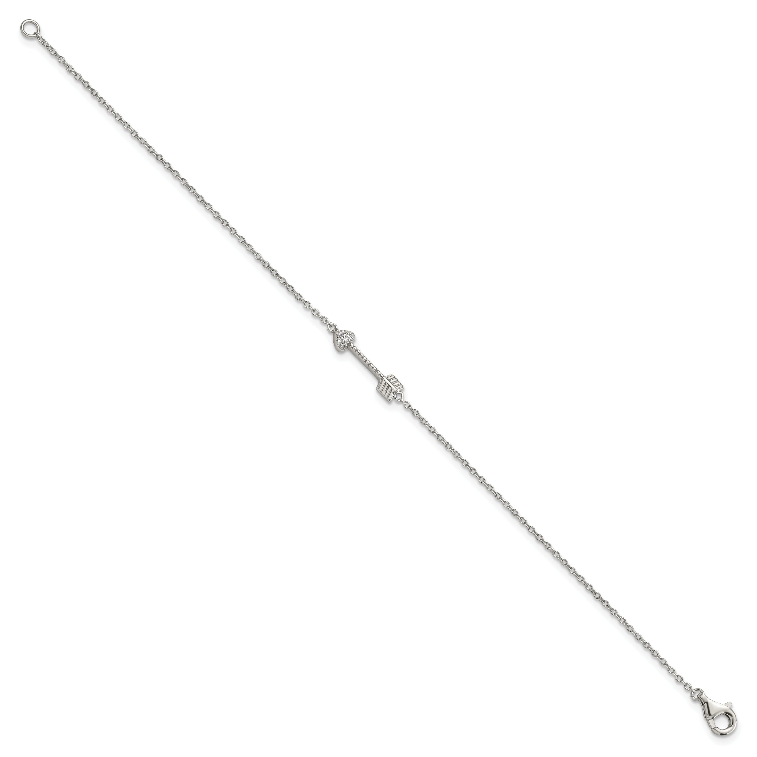 7 Inch Sterling Silver Rhodium-Plated Polished Arrow/Heart With Cz Bracelet