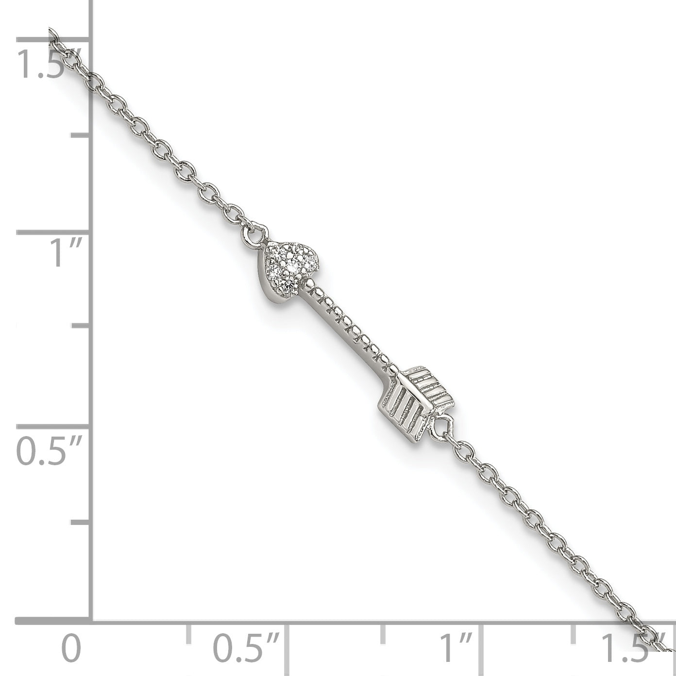 7 Inch Sterling Silver Rhodium-Plated Polished Arrow/Heart With Cz Bracelet