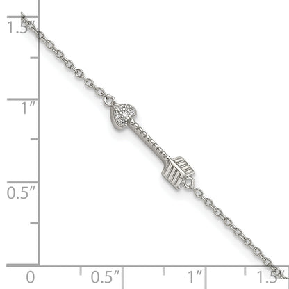 7 Inch Sterling Silver Rhodium-Plated Polished Arrow/Heart With Cz Bracelet