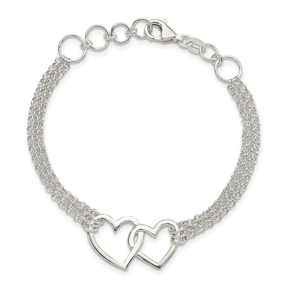 7 Inch Sterling Silver Polished 3-Strand W/.5In. Ext. Heart Bracelet