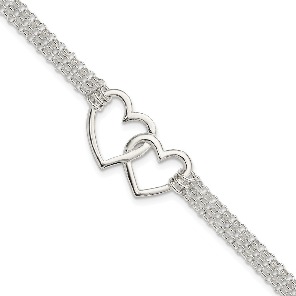 7 Inch Sterling Silver Polished 3-Strand W/.5In. Ext. Heart Bracelet