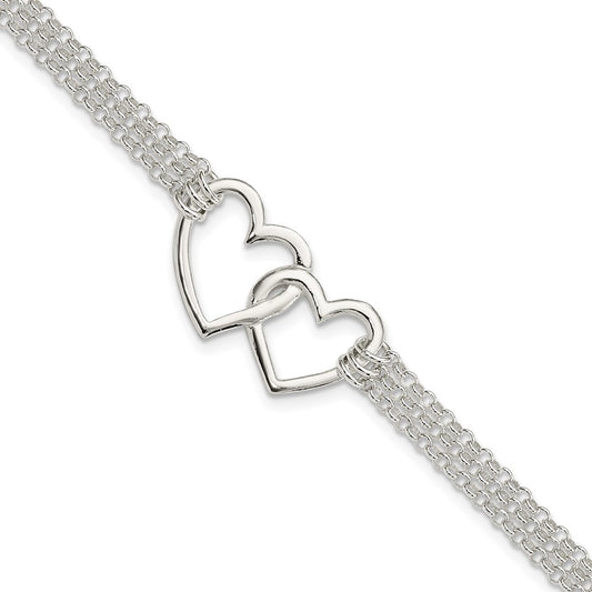 7 Inch Sterling Silver Polished 3-Strand W/.5In. Ext. Heart Bracelet