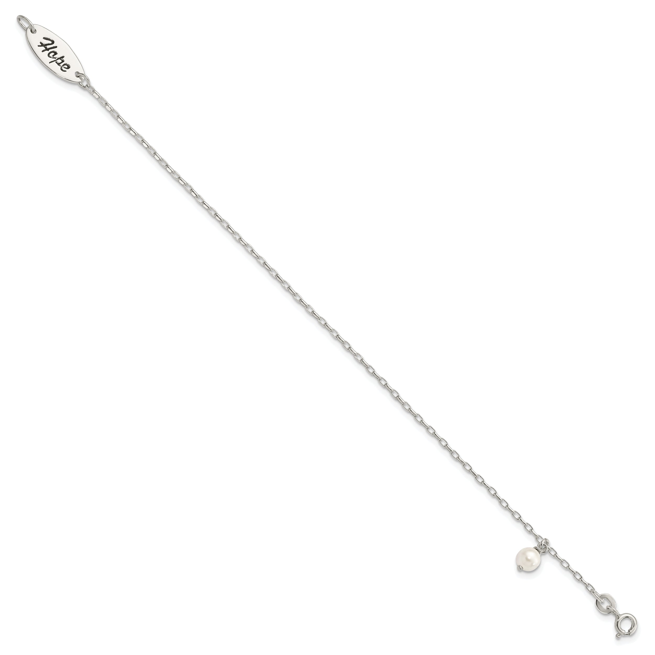 7.5 Inch Sterling Silver Polished Synthetic Pearl Dangle Hope Bracelet