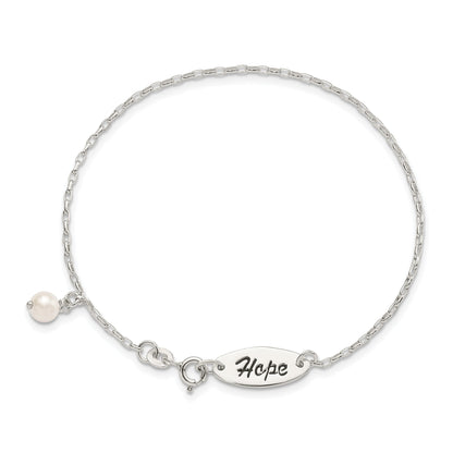 7.5 Inch Sterling Silver Polished Synthetic Pearl Dangle Hope Bracelet