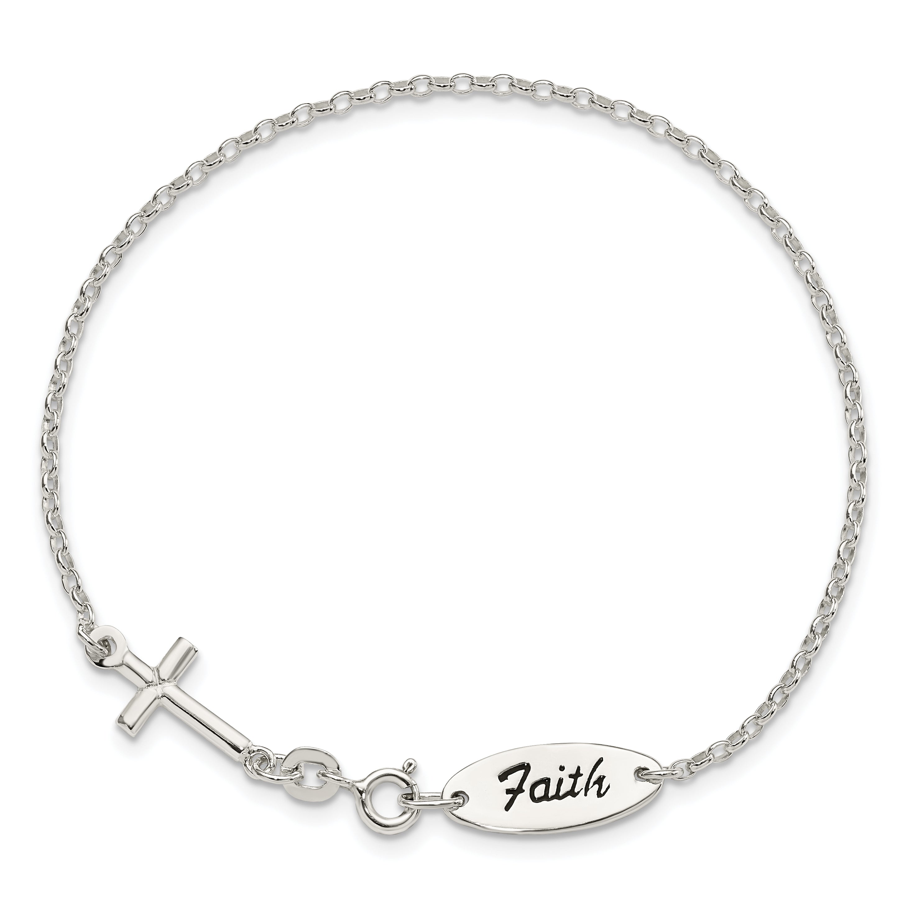 7.5 Inch Sterling Silver Polished Enamel Faith And Cross Bracelet