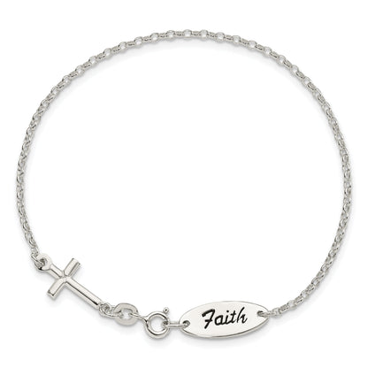 7.5 Inch Sterling Silver Polished Enamel Faith And Cross Bracelet