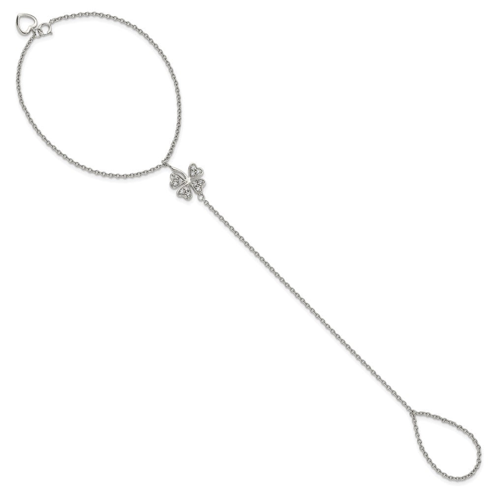 Sterling Silver Rh-Plat Polished Cz Four Leaf Clover Attached Ring/Bracelet