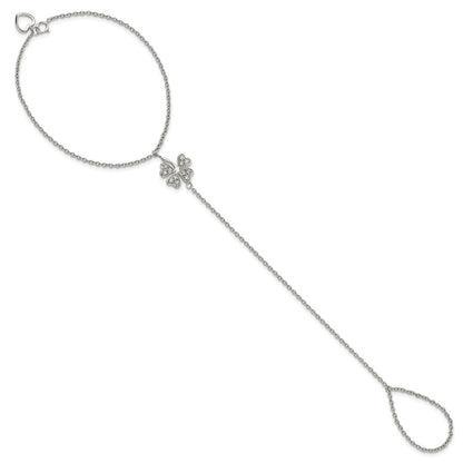 Sterling Silver Rh-Plat Polished Cz Four Leaf Clover Attached Ring/Bracelet