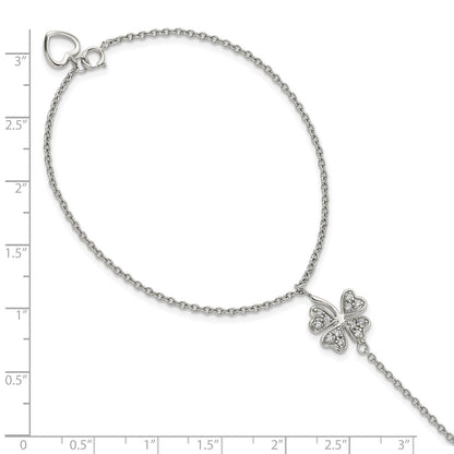 Sterling Silver Rh-Plat Polished Cz Four Leaf Clover Attached Ring/Bracelet