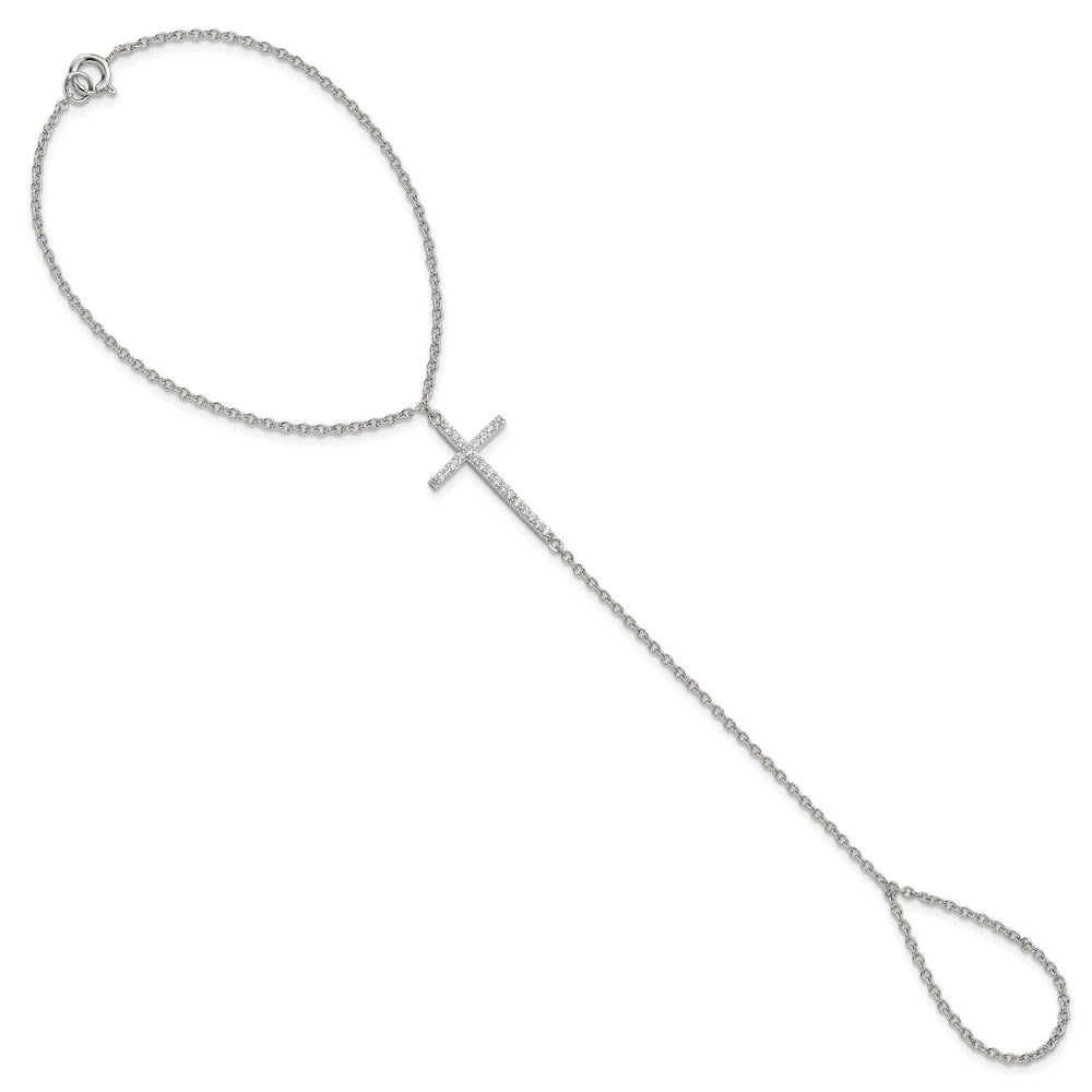 Sterling Silver Rhod-Plated Polished Cz Cross Attached Ring/Bracelet