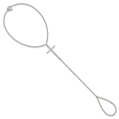 Sterling Silver Rhod-Plated Polished Cz Cross Attached Ring/Bracelet