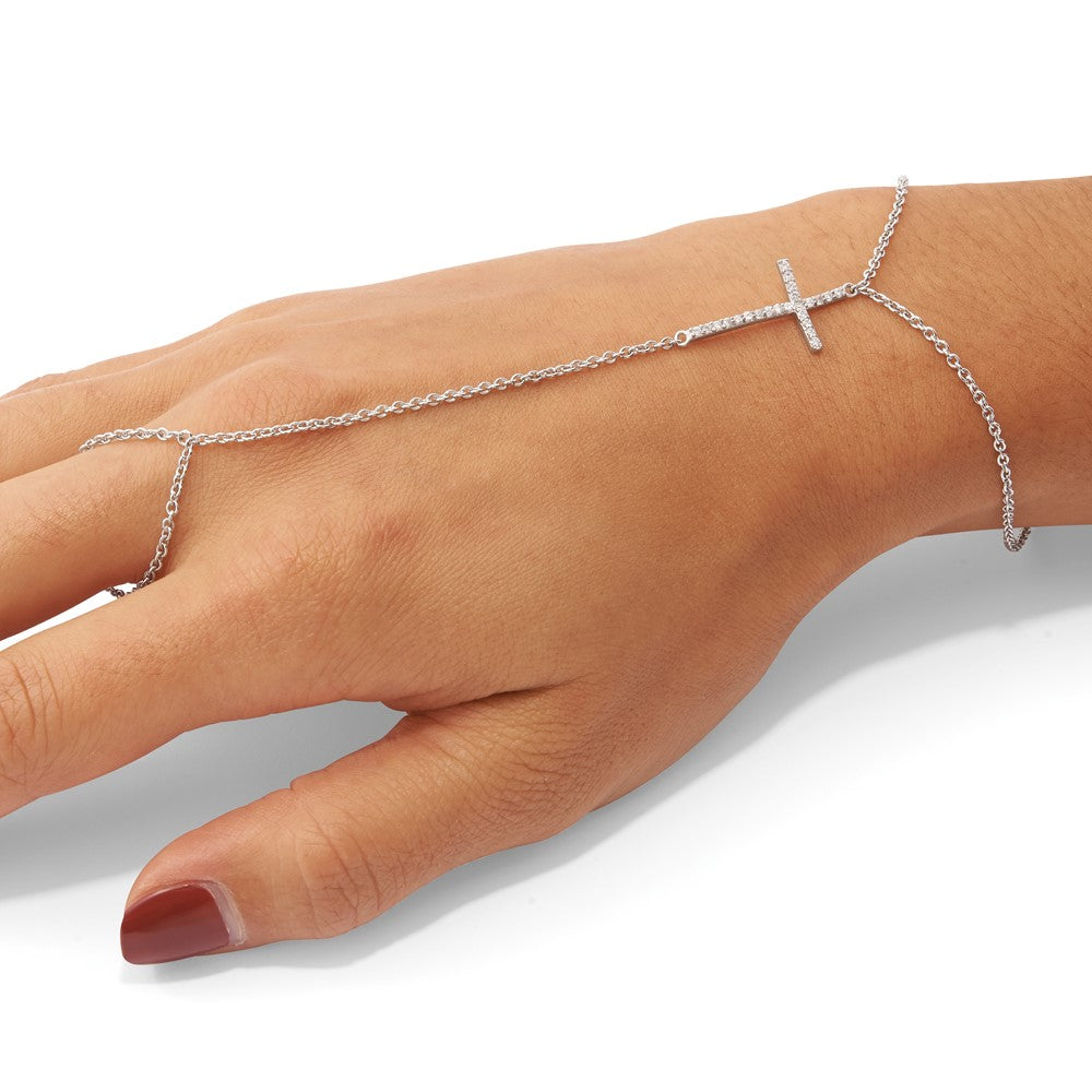 Sterling Silver Rhod-Plated Polished Cz Cross Attached Ring/Bracelet