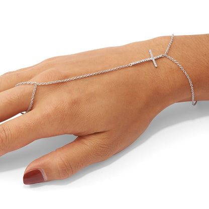 Sterling Silver Rhod-Plated Polished Cz Cross Attached Ring/Bracelet