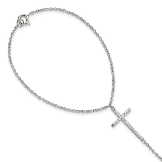 Sterling Silver Rhod-Plated Polished Cz Cross Attached Ring/Bracelet