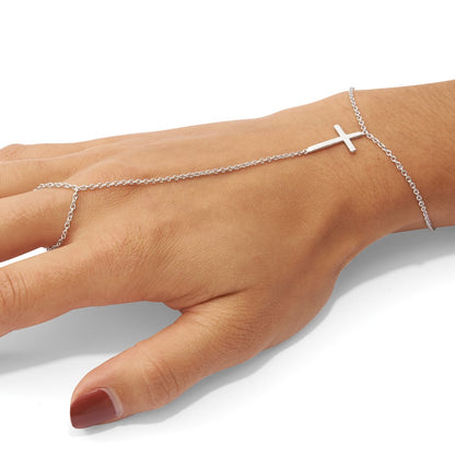 Sterling Silver Rhodium-Plated Polished Cross Attached Ring/Bracelet