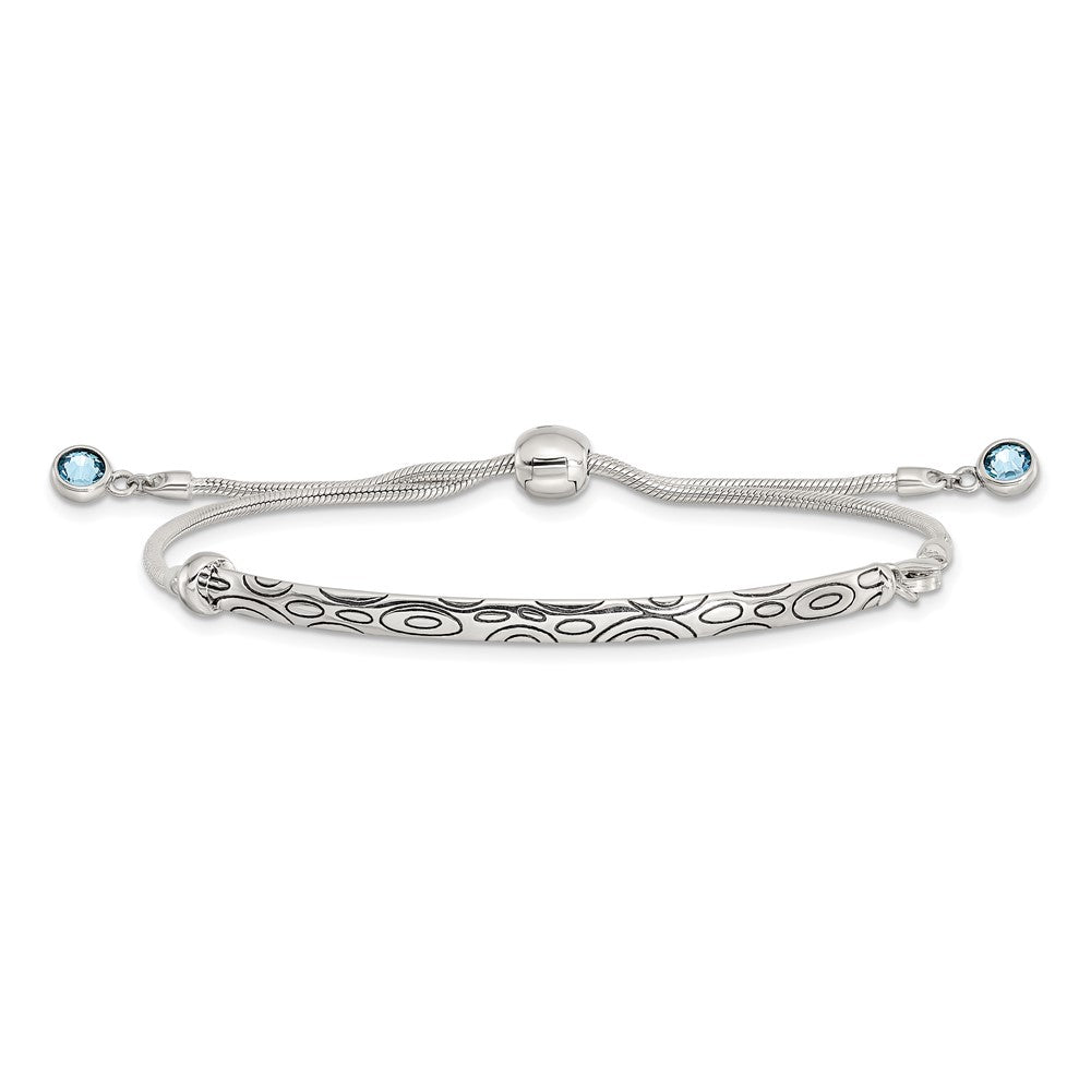 Sterling Silver Antiqued Blue Crystal Round Bezel Adjustable Bracelet