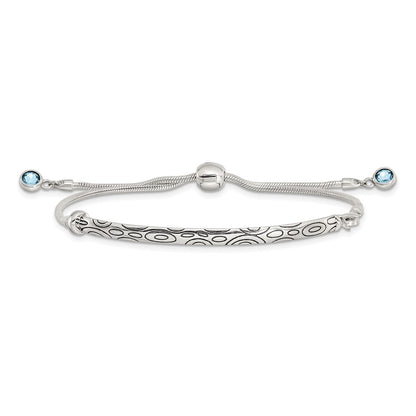 Sterling Silver Antiqued Blue Crystal Round Bezel Adjustable Bracelet