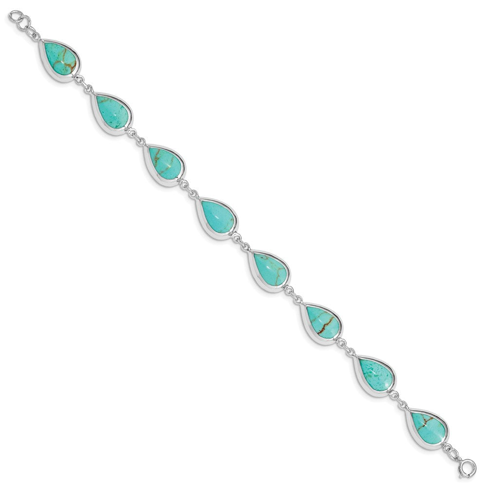 7.75 Inch Sterling Silver Rhodium-Plated Teardrop Synthetic Turquoise Bracelet