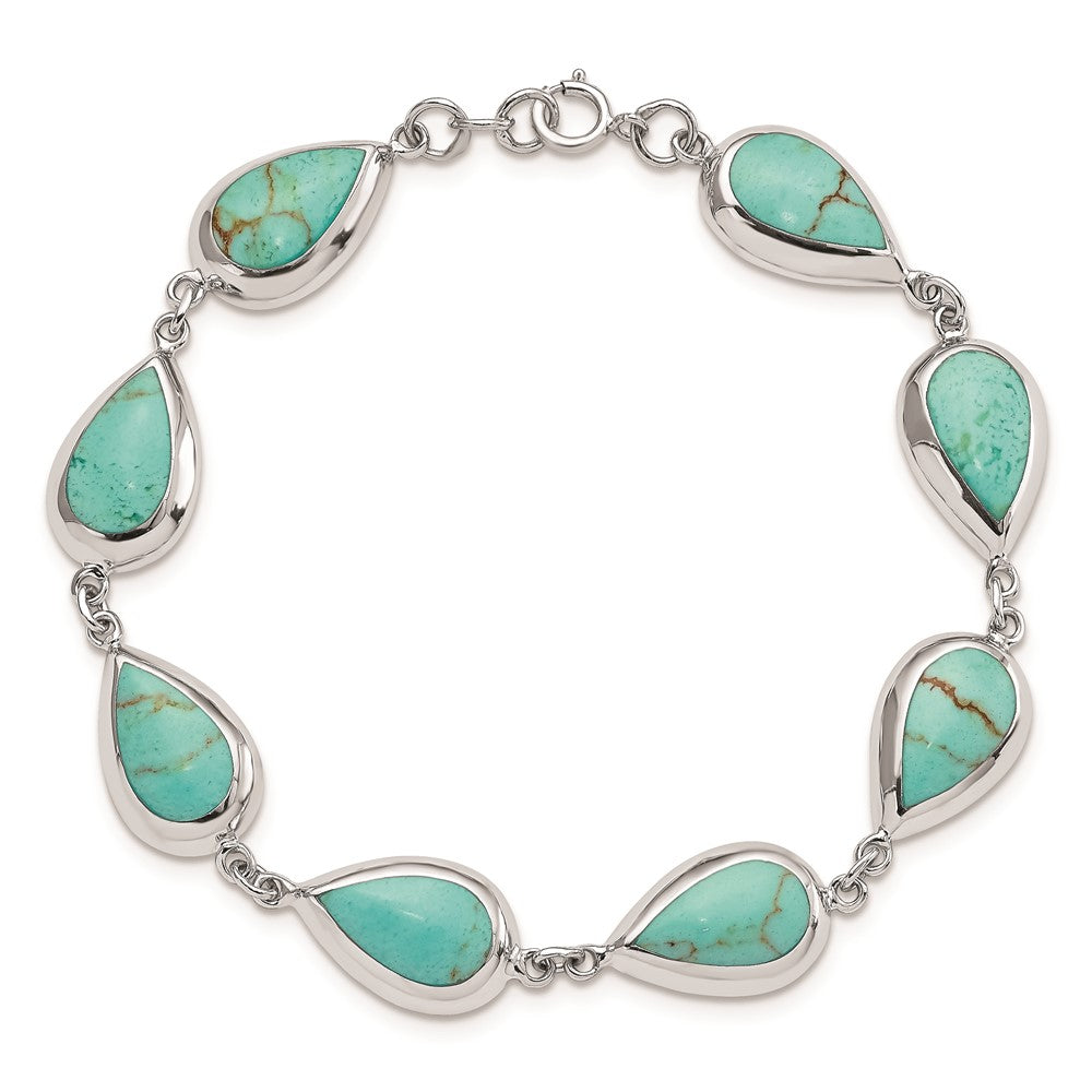 7.75 Inch Sterling Silver Rhodium-Plated Teardrop Synthetic Turquoise Bracelet