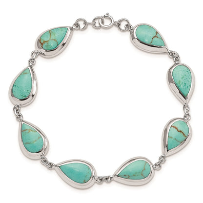 7.75 Inch Sterling Silver Rhodium-Plated Teardrop Synthetic Turquoise Bracelet