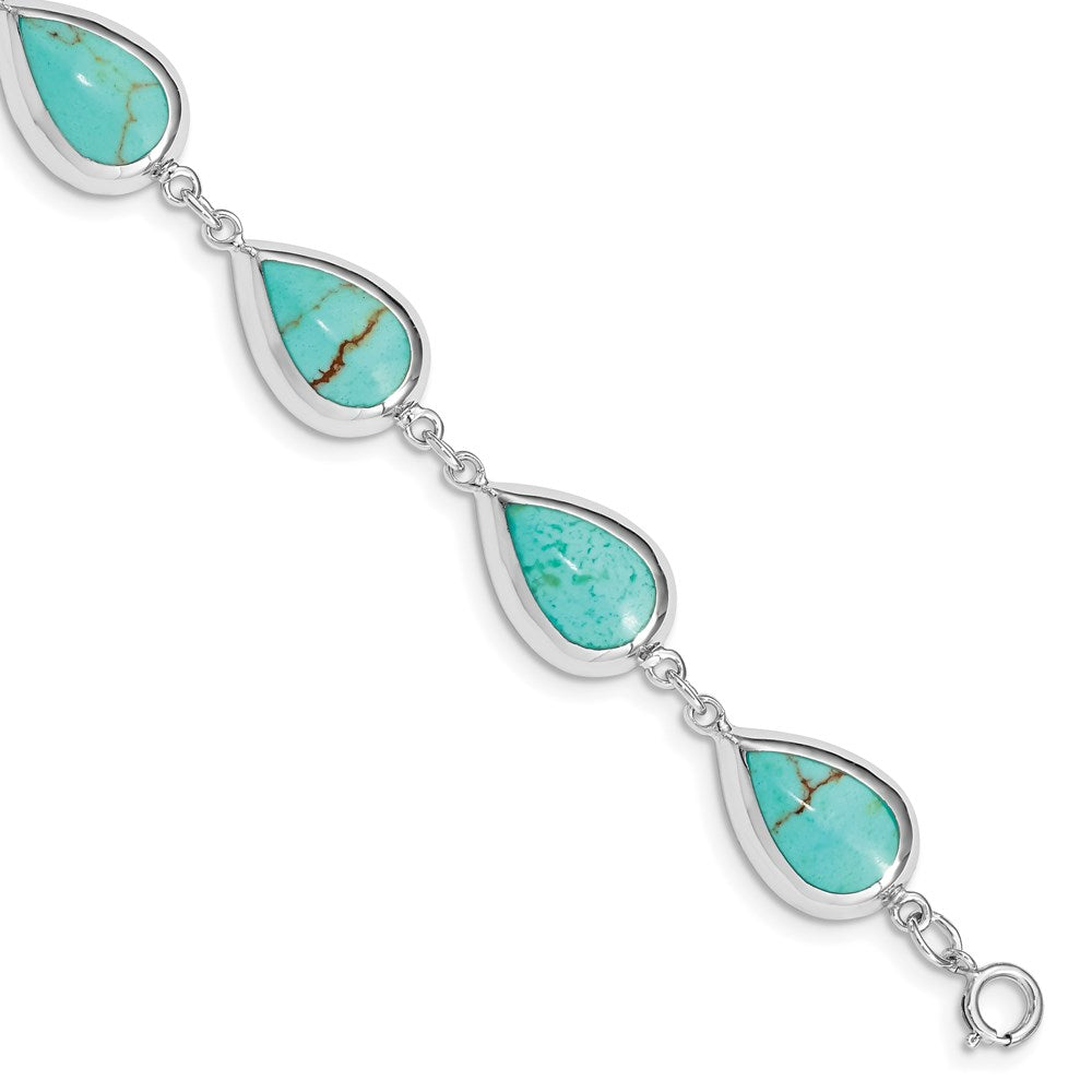 7.75 Inch Sterling Silver Rhodium-Plated Teardrop Synthetic Turquoise Bracelet