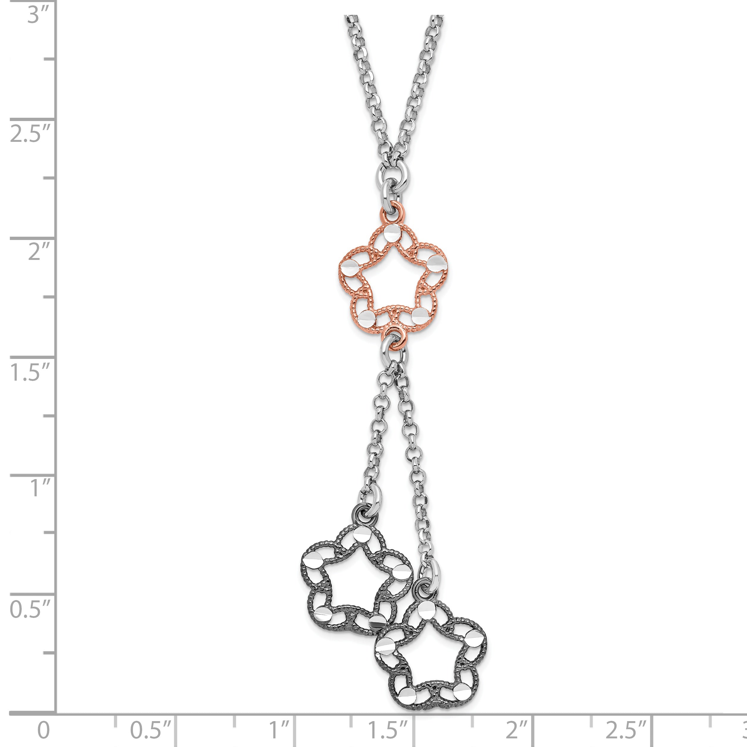 Sterling Silver Rose-Tone & Ruthenium-Plated D/C Floral Drop Necklace